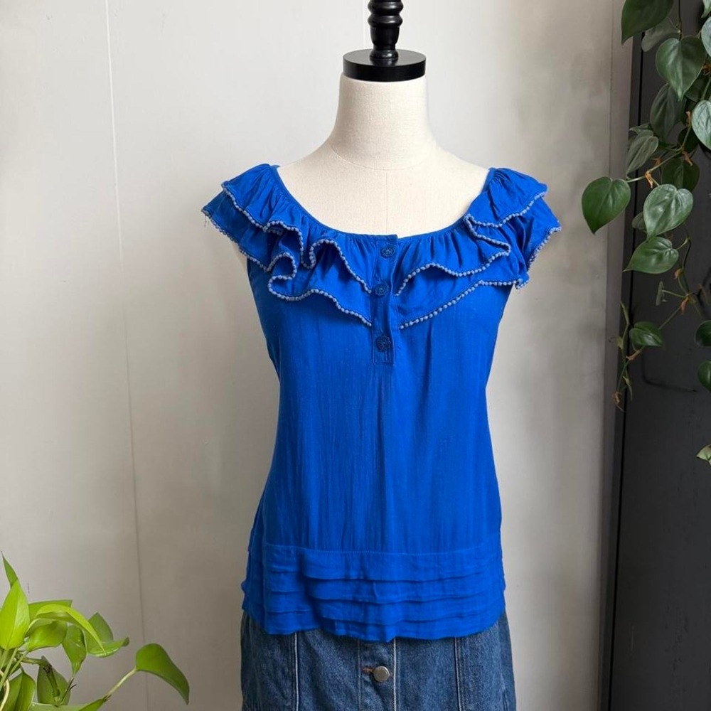 Odille Blue Ruffle Collar Blouse Decorative Trim Button Front Top Womens 6 Small